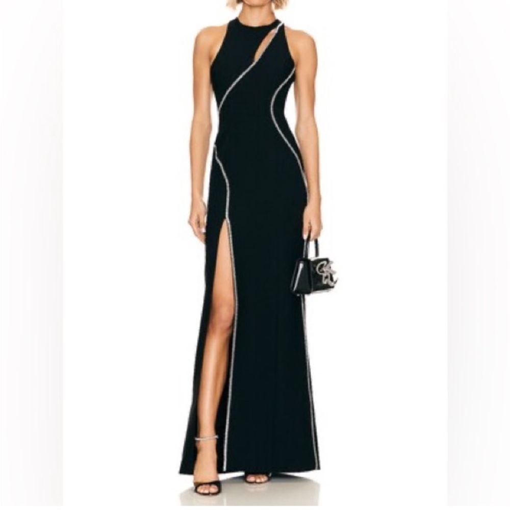 Cinq à Sept Black Devin One Shoulder Dress with Silver Accents in Size 4